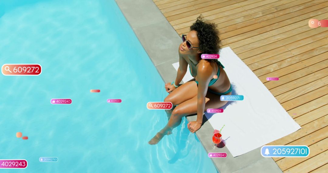 Woman Relaxing by Pool with Digital Social Media Overlay