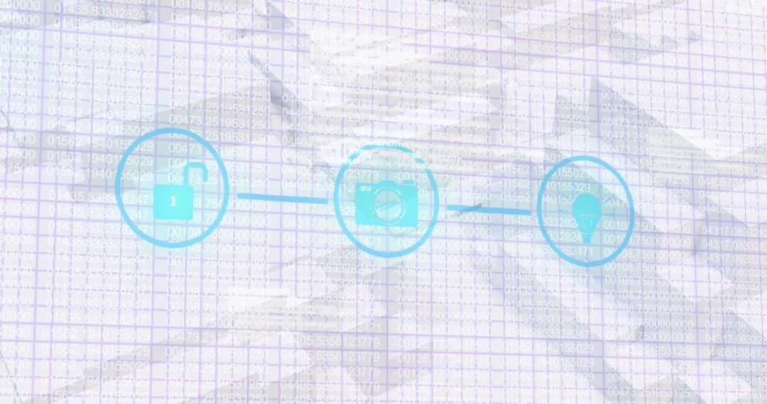 Digital Network with Security, Media, and Location Icons on Grid