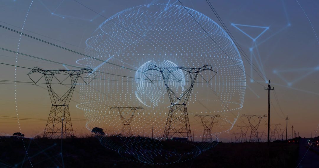 Smart Grid Network at Dusk with Transmission Towers and Global Digital Overlay