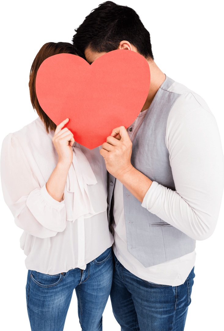 Young Couple Holding Heart Cutout on Transparent Background