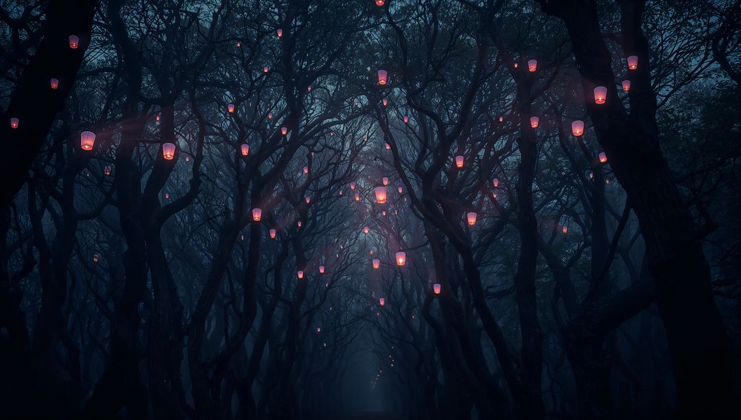 Magical Forest Path Illuminated by Mystical Red Lanterns