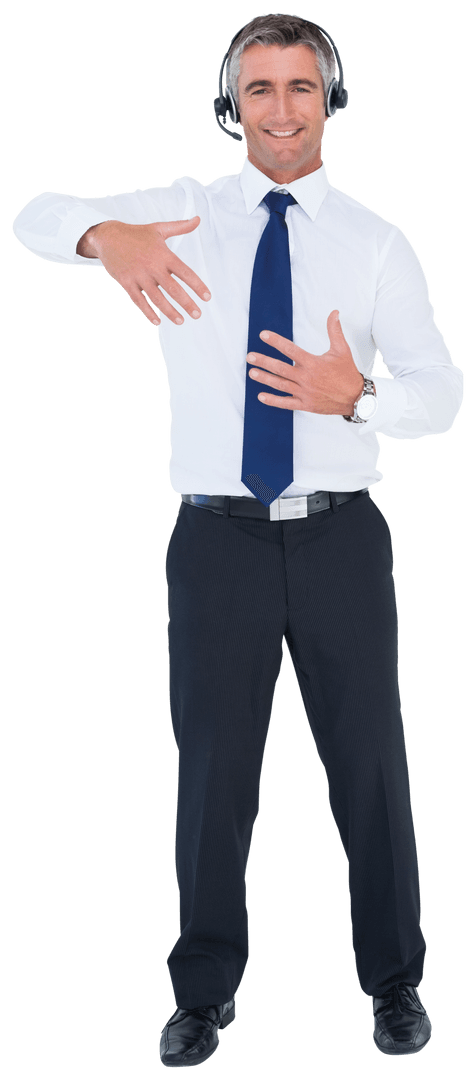 Transparent Call Center Executive Gesturing Energetically