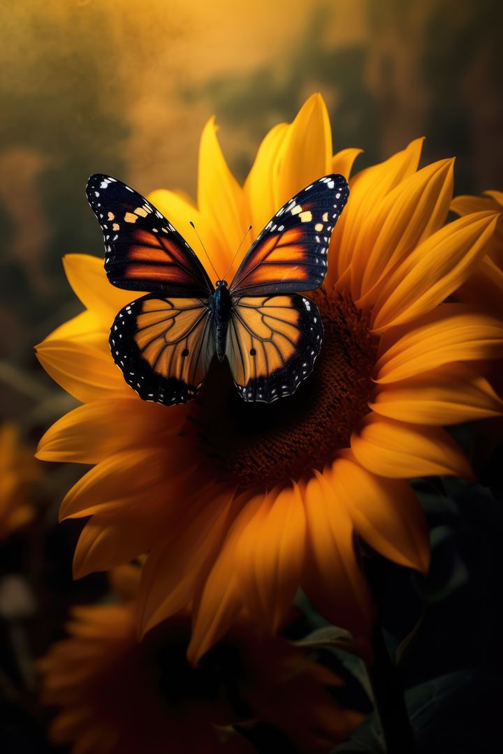Close up of butterfly perched on sunflower, created using generative ai technology - Free Images, Stock Photos and Pictures on Pikwizard.com