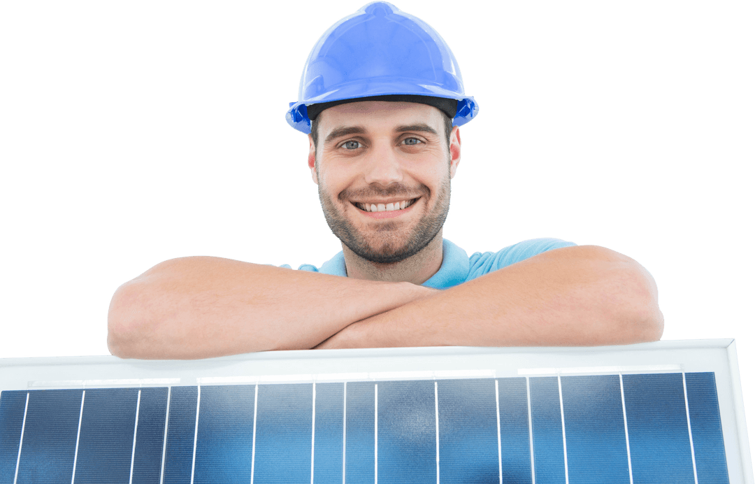 Smiling Engineer with Transparent Solar Panel