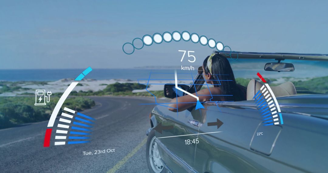 Driving Convertible by Ocean with Digital Data Overlay