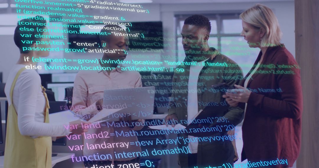 Tech Team Collaborating with Code in Modern Office