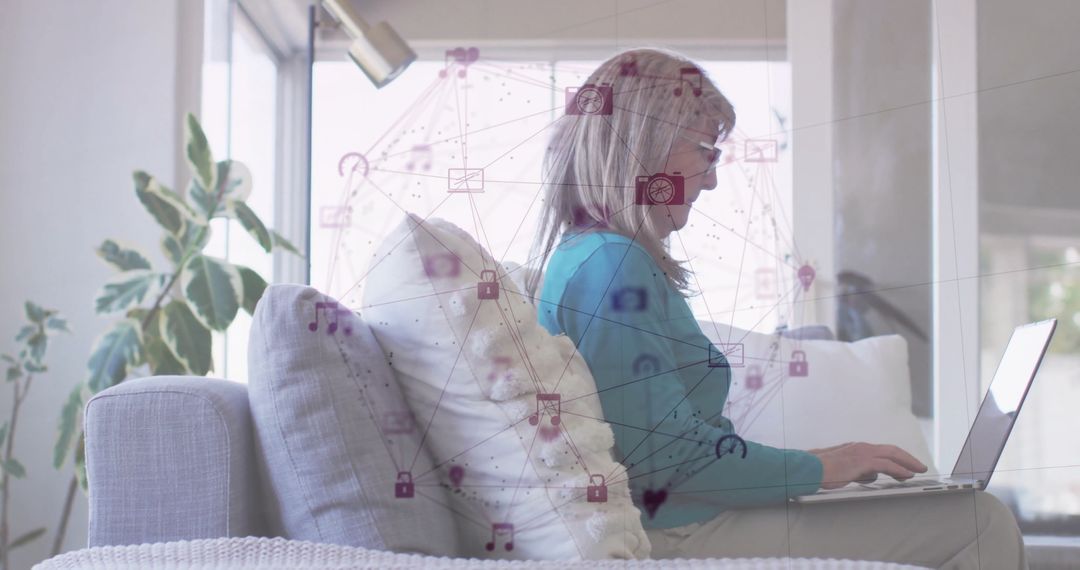 Senior Woman Using Laptop with Network Symbols Overlaid