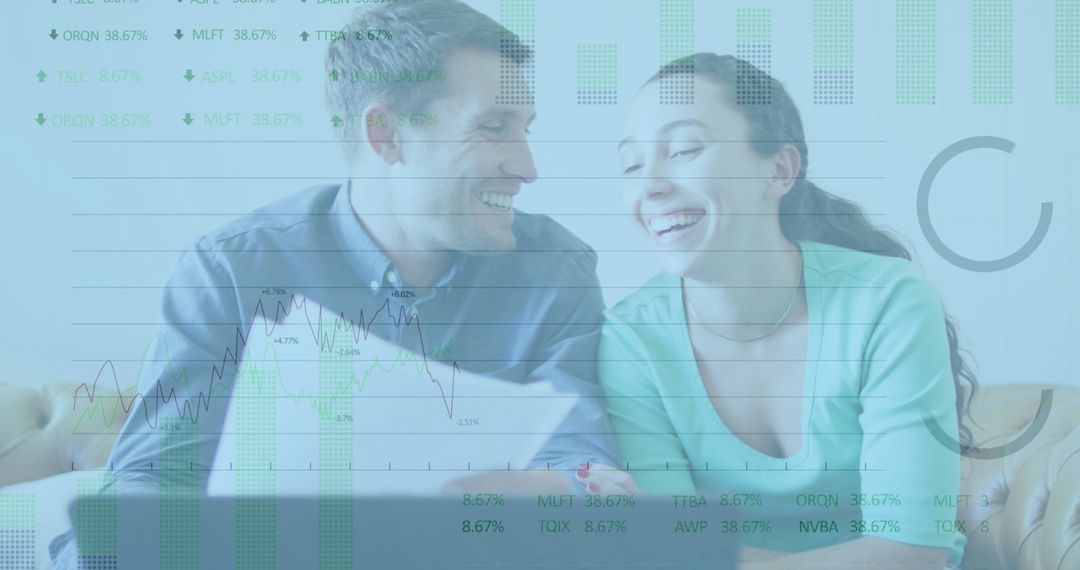 Couple Planning Finances with Digital Data Overlay