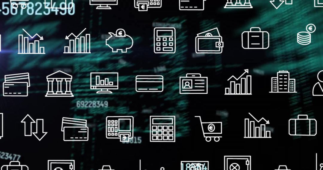 Digital Financial Data with Business Icons on Dark Background