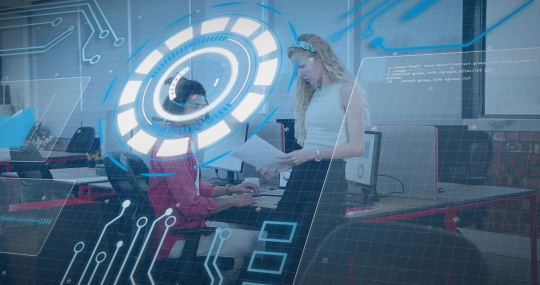 Woman holding papers talking to seated colleague with futuristic HUD overlay in open office