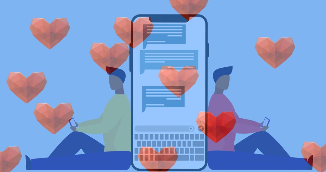 Couple Separated by Technology with Floating Hearts