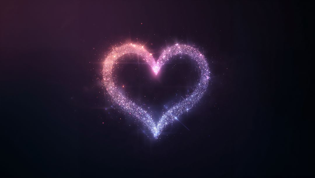 Glowing Particle Heart Emitting Multicolor Neon Sparkle on Dark Purple-Black Gradient Background