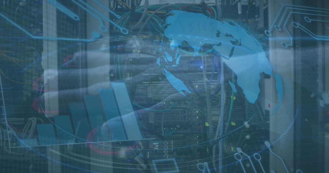 Technician Handling Network Cables with Digital World Overlay