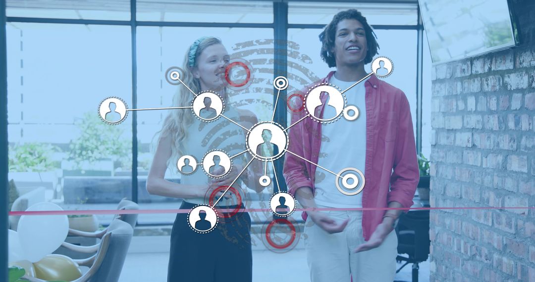 Young Professionals Cutting Ribbon, Networking in Office with Social Media Network Overlay