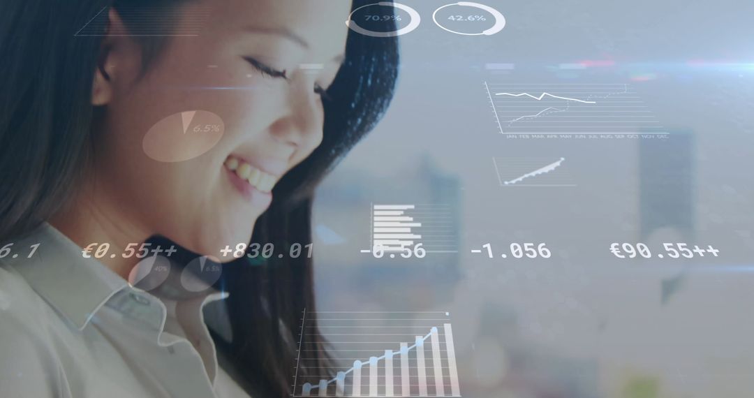 Businesswoman Engaging with Digital Financial Data Interfaces