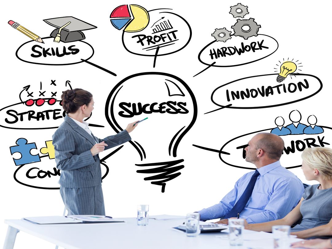 Business Team Meeting with Success Strategies Visualization