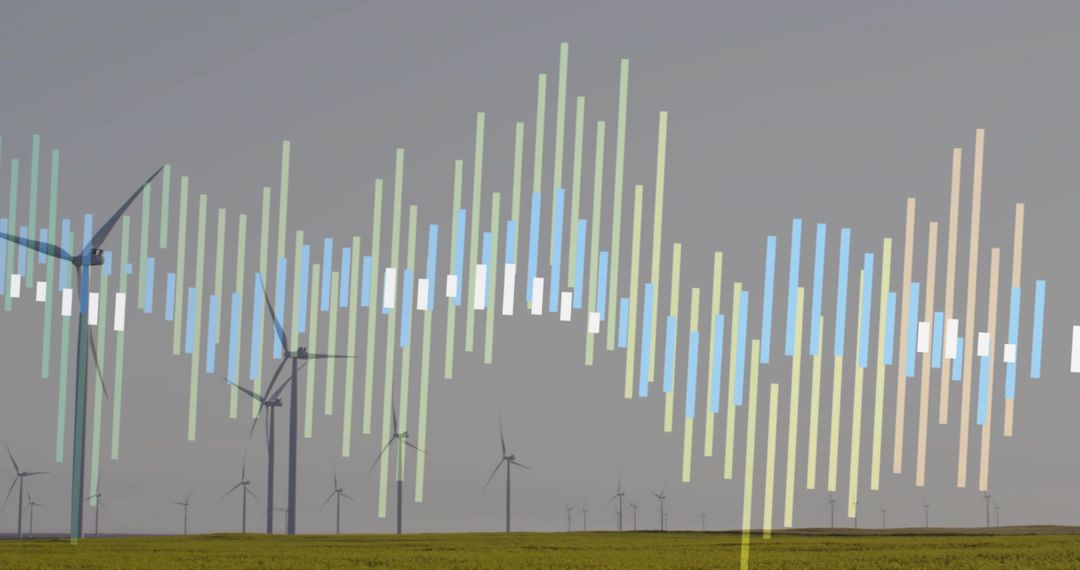 Wind turbines spinning over prairie with pastel waveform overlay for renewable energy