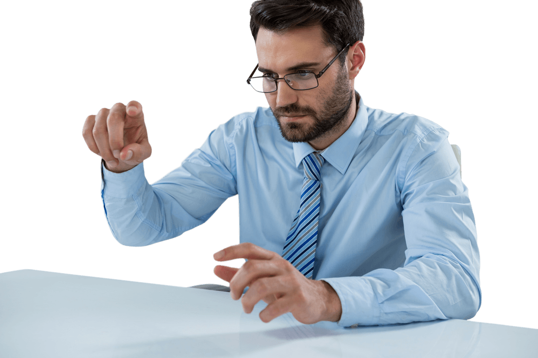 Businessman Touching Transparent Surface with Virtual Interface