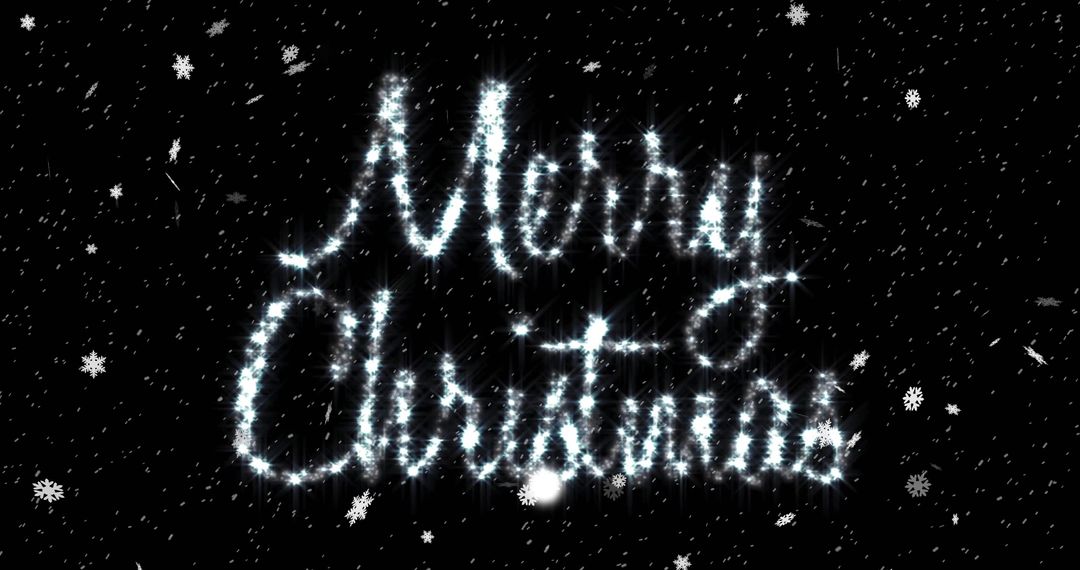 Sparkling Merry Christmas Text with Falling Snow on Black Background