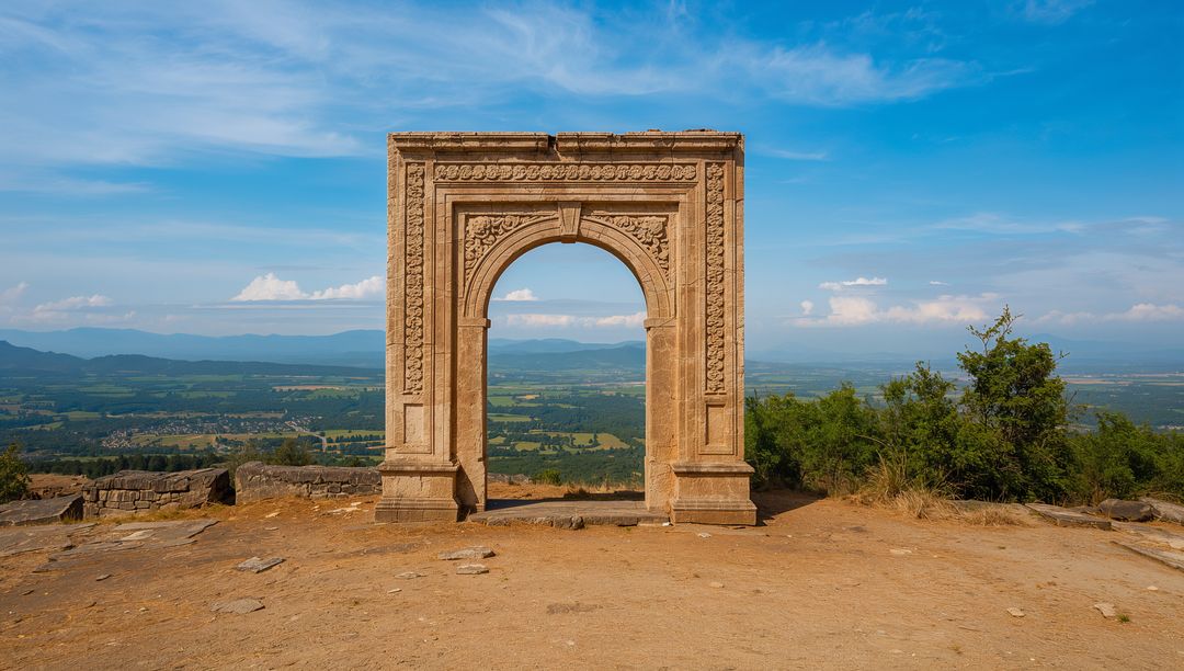 Ornate Stone Arch Framing Panoramic Valley View From Hilltop Ruin With Keystone Reliefs