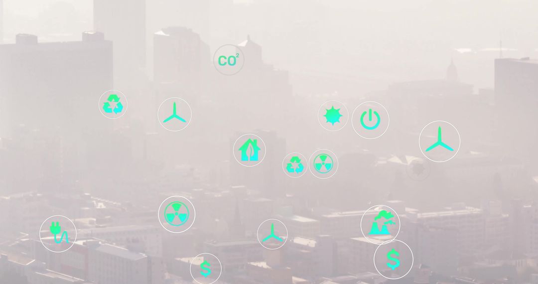 Eco Icons Overlay on Cityscape Representing Sustainability Concepts