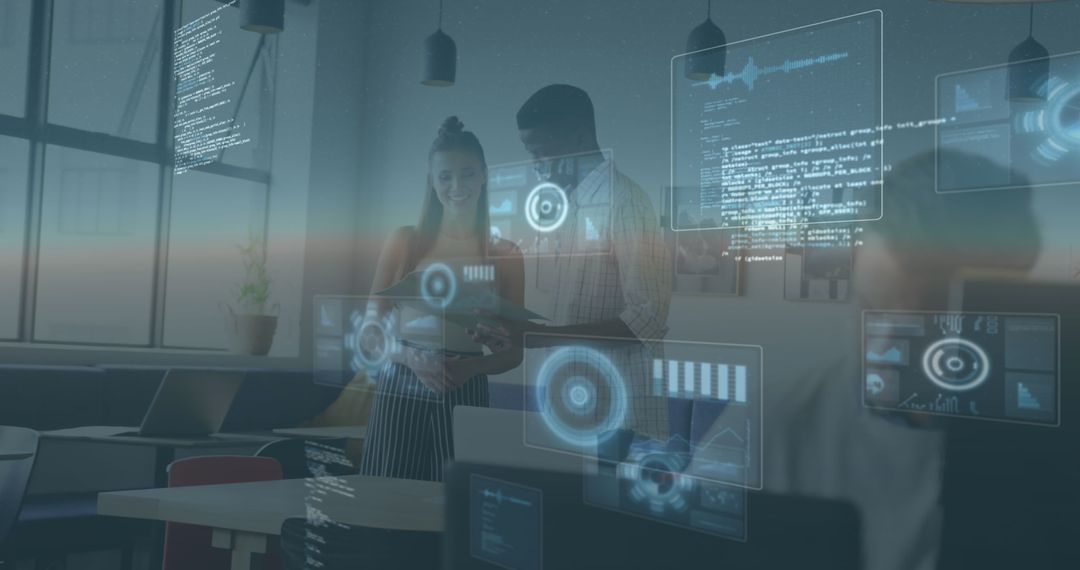 Diverse Team Engages with Futuristic Data Interfaces in Office