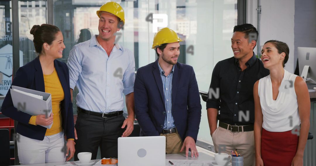 Architect Team Meeting in Modern Office with Laptops and Blueprints