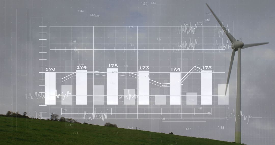 Wind Turbine with Data Overlay on Grassy Hillside