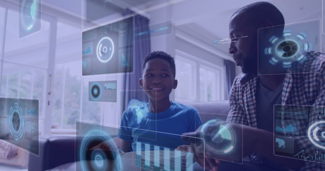 Father and Son Interacting with Digital Interfaces in Futuristic Home