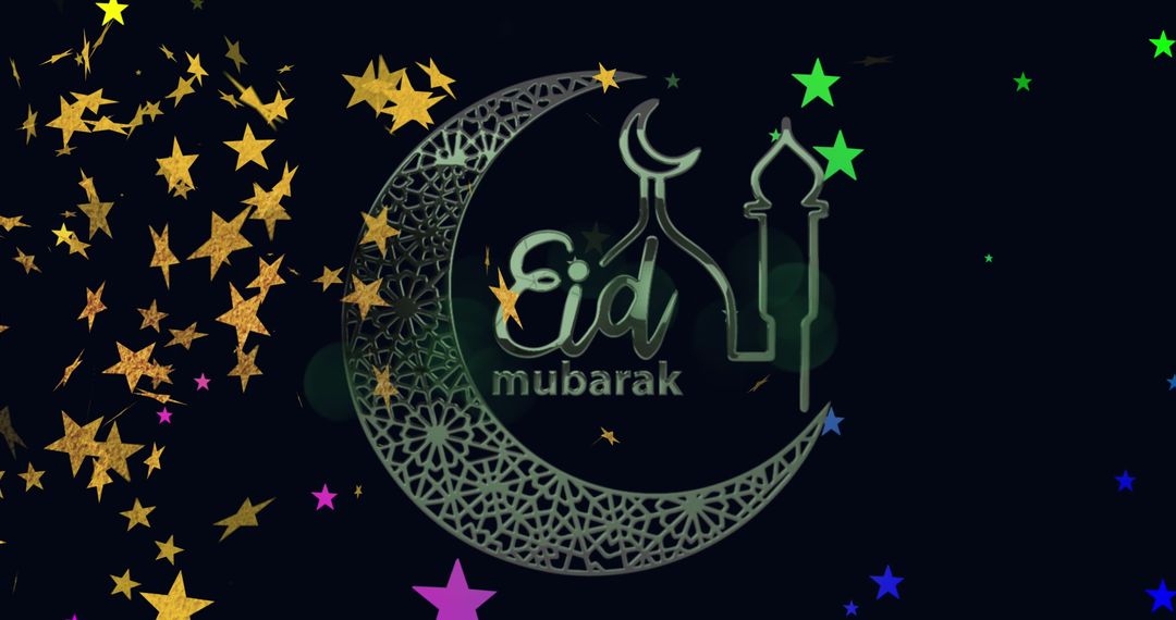 Eid mubarak celebration with falling stars and crescent design