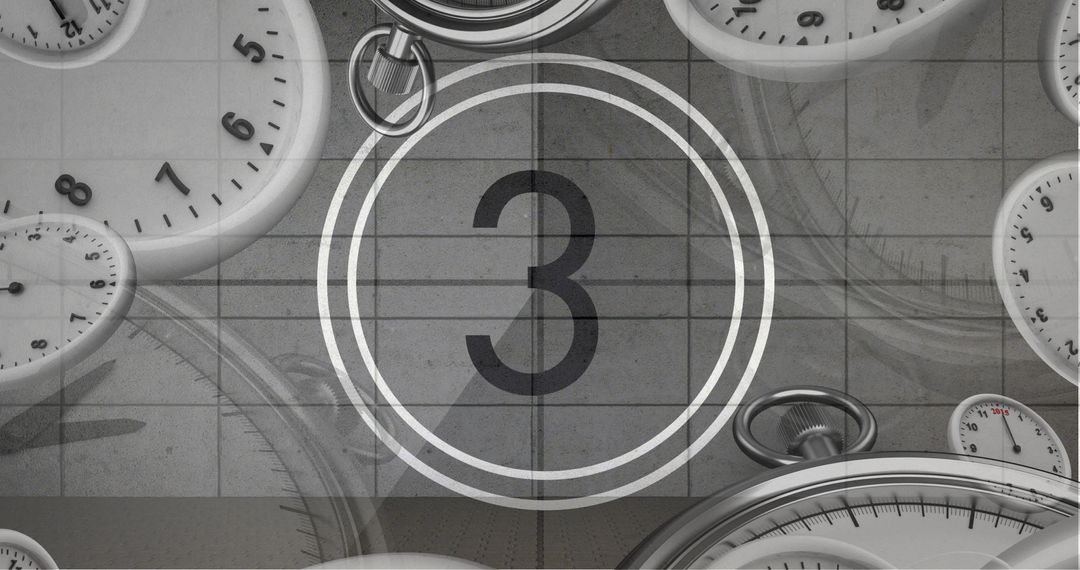 Vintage Countdown Number Three with Overlaid Clocks and Watches