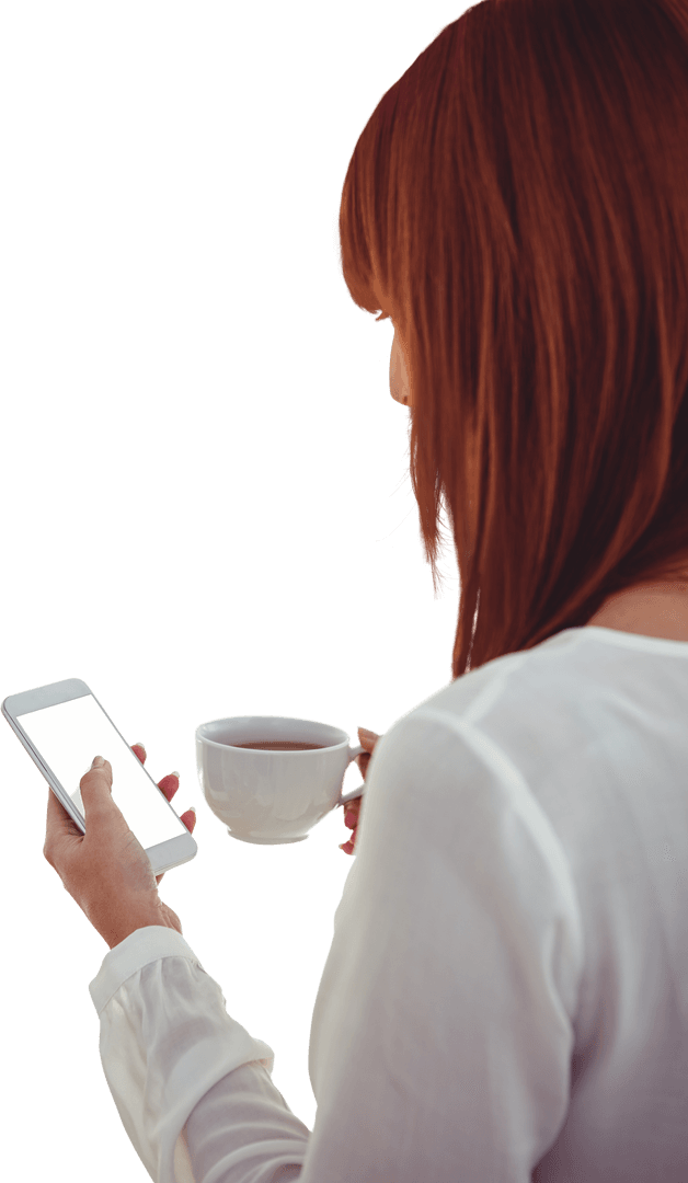 Transparent Background of Woman Using Smartphone with Coffee