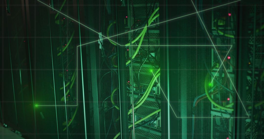 Futuristic data processing in server room with digital overlays