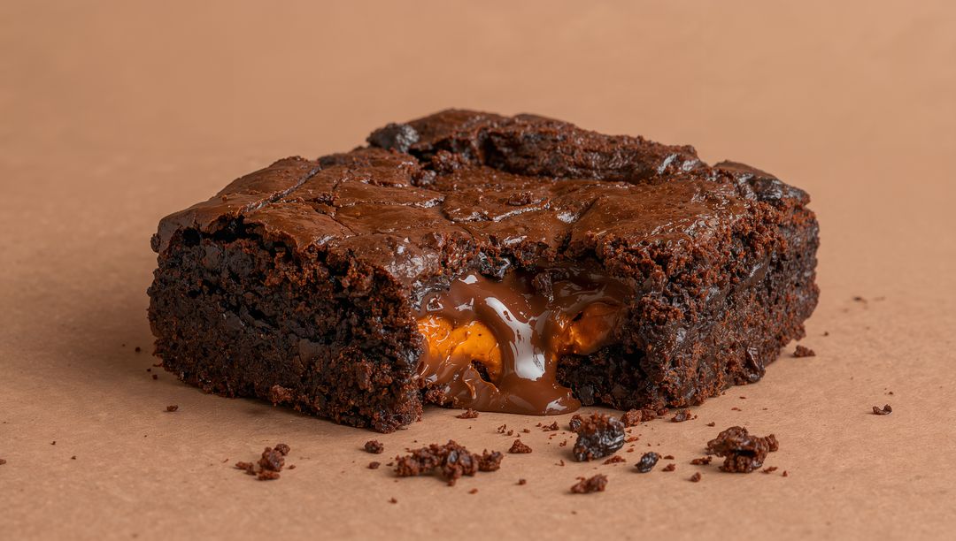 Gooey Caramel Oozing from Fudgy Chocolate Brownie Closeup on Kraft Paper Decadent