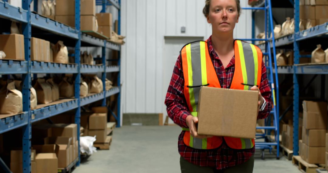 Female Warehouse Worker Carrying Box and Working in Industrial Storage Facility - Free Images, Stock Photos and Pictures on Pikwizard.com