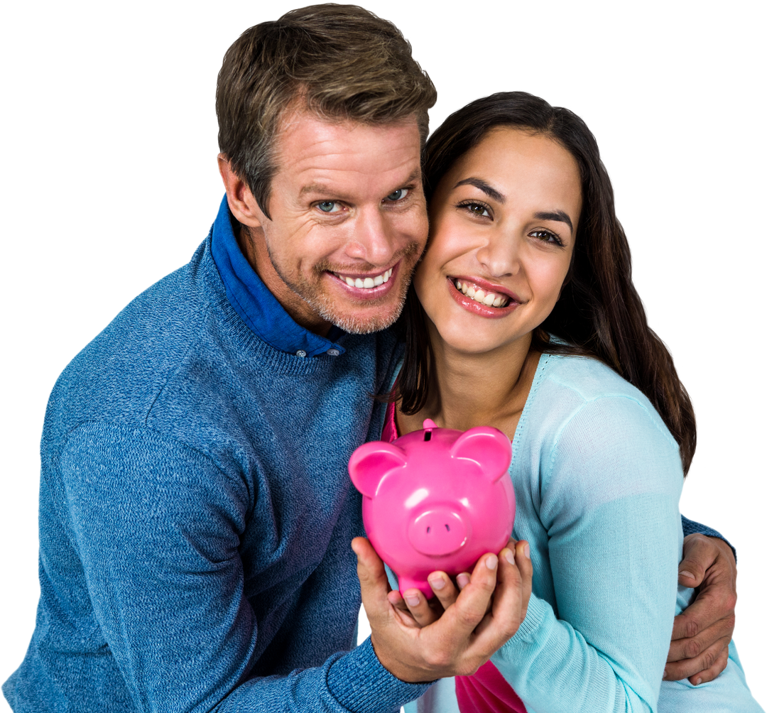 Smiling Couple Holding Pink Piggy Bank on Transparent Background - Download Free Stock Images Pikwizard.com