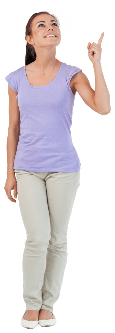 Smiling Young Woman Pointing Upwards with Transparent Background
