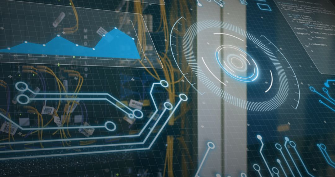 Futuristic Digital Interface Overlay with Data Center