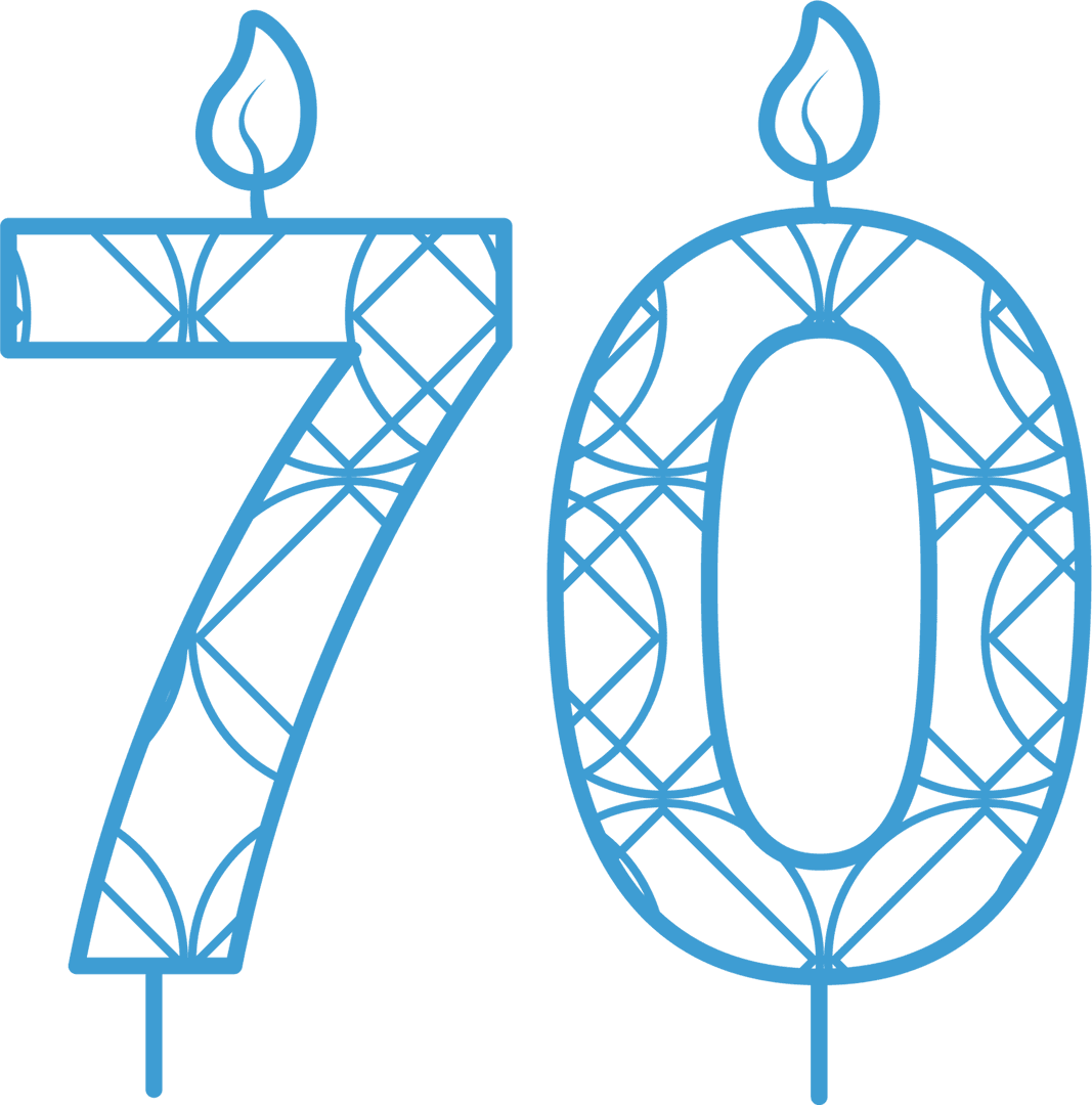 Blue 70th Birthday Patterned Candle on Transparent Background