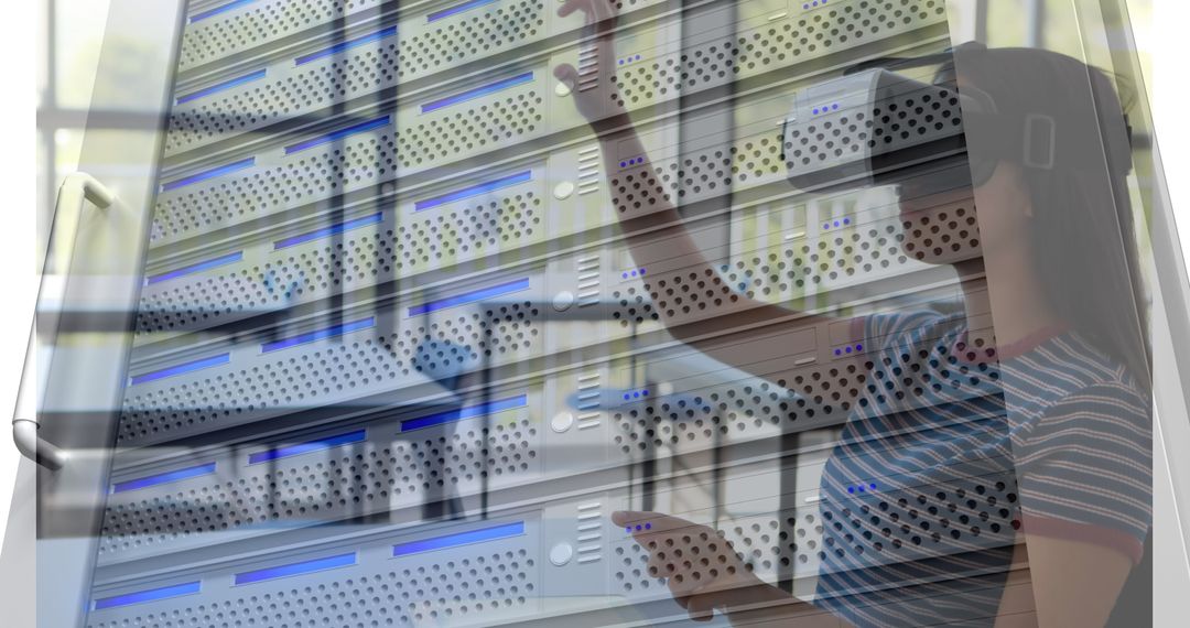 Caucasian Woman Using VR Headset in Advanced Server Room
