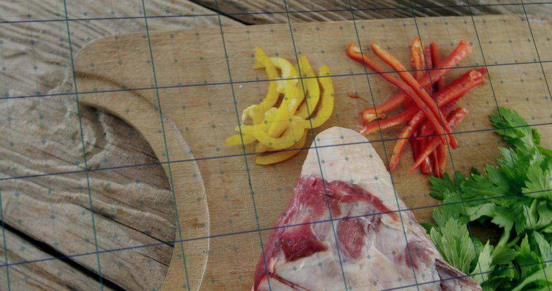 Fresh Raw Meat with Colorful Vegetables on Rustic Cutting Board
