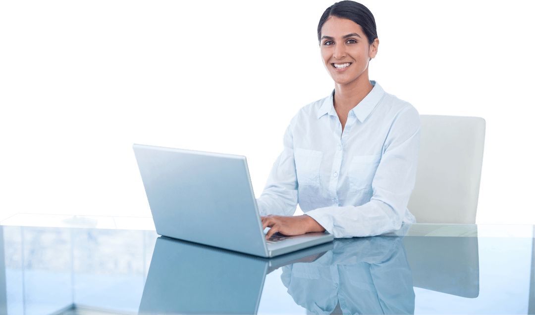 Transparent Background Professional Woman Smiling at Desk with Laptop