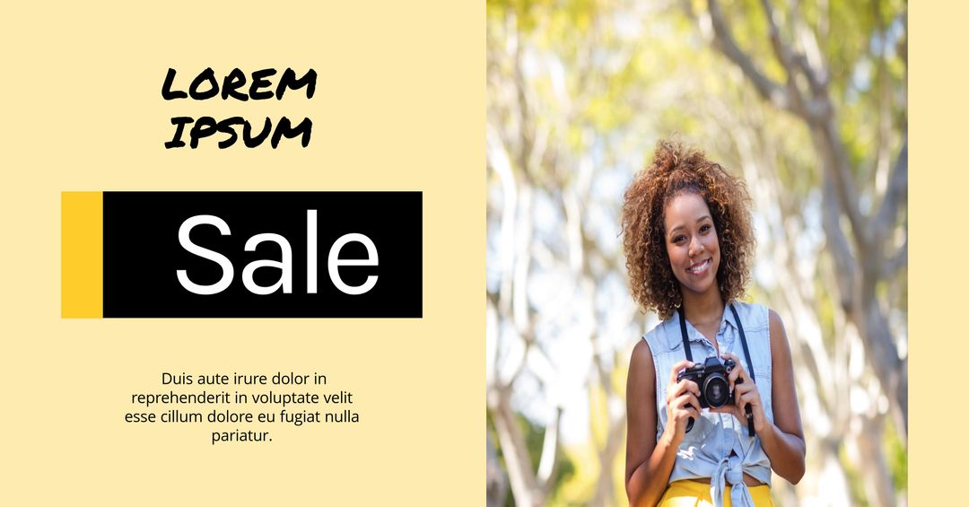 Joyful photographer promoting creative camera sale outdoors