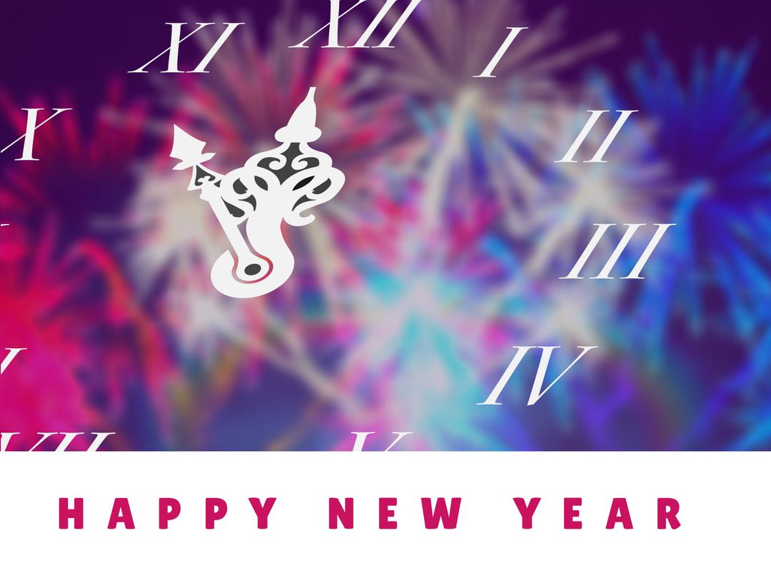 New Year Celebration Fireworks with Clock Striking Midnight