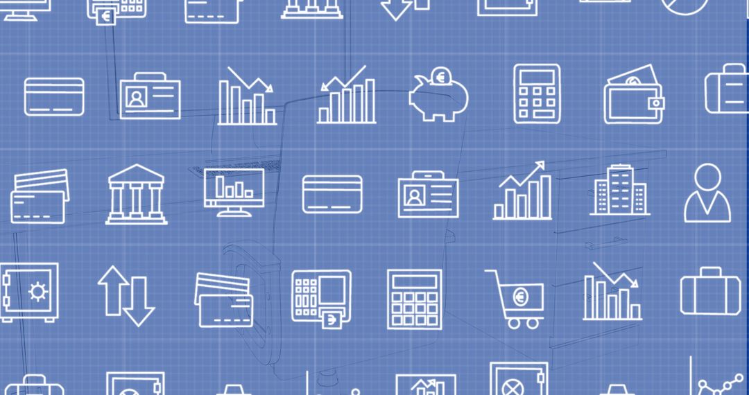 Financial and Business Icons on Blue Tech Background