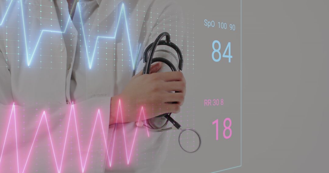 Doctor Analyzing Heart Rate Monitor Data with Stethoscope