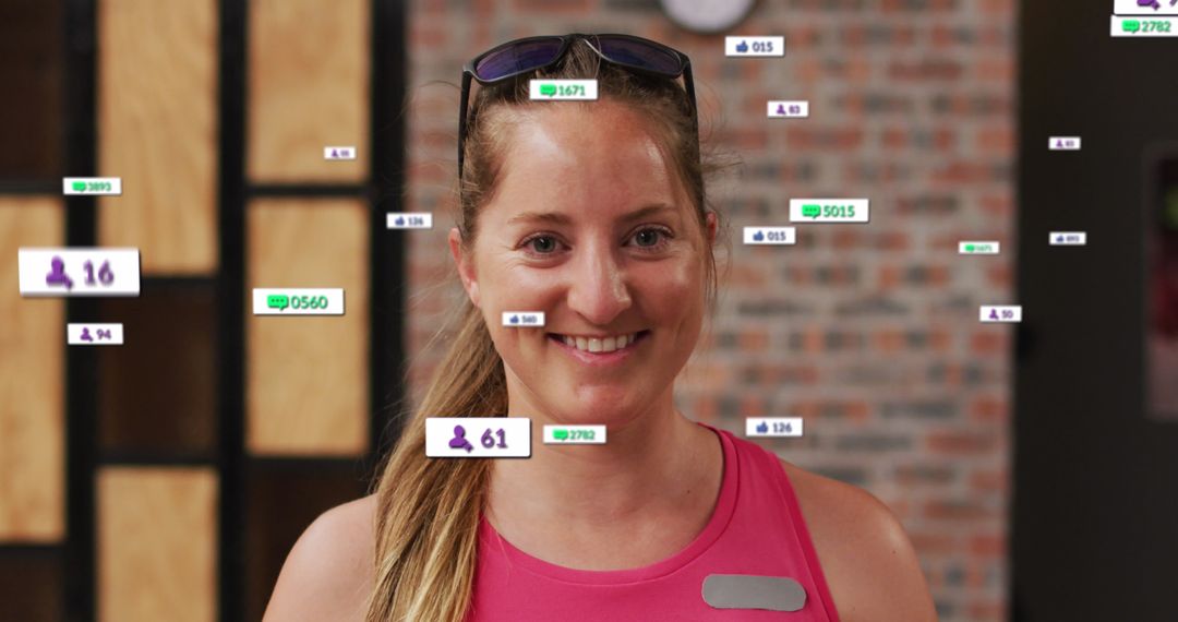 Smiling Woman with Social Media Icons on Climbing Wall