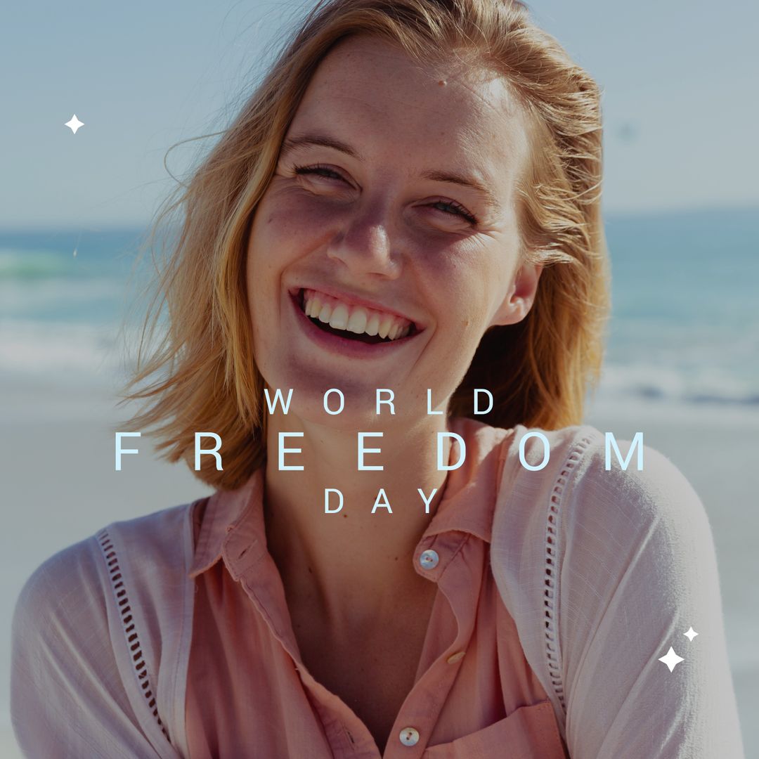 Happy Woman Smiling on Beach Celebrating World Freedom Day - Download Free Stock Templates Pikwizard.com