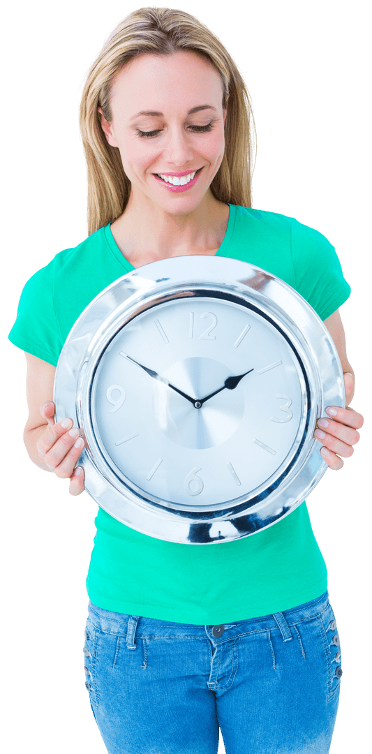 Smiling Woman in Green Holding Transparent Wall Clock