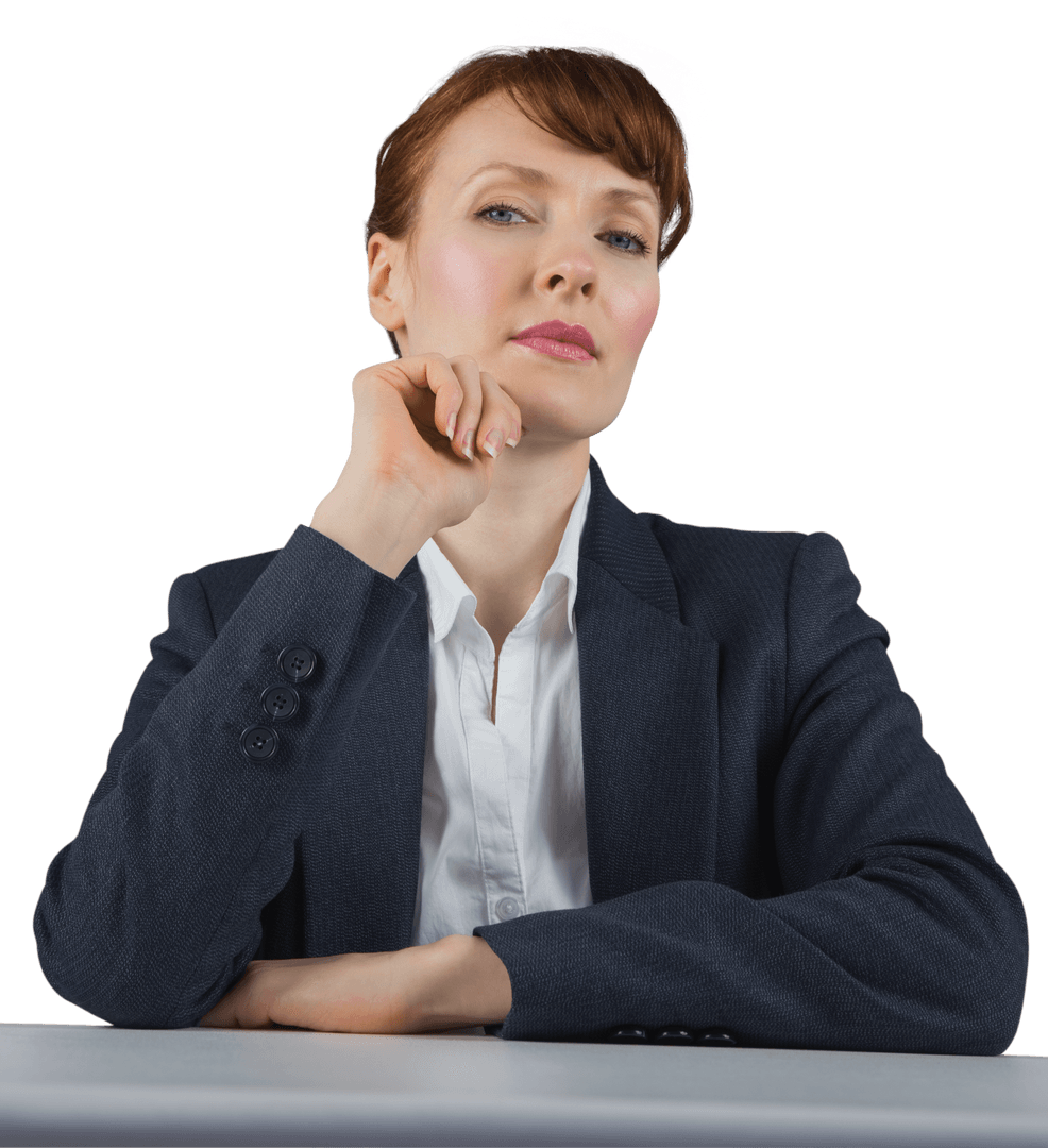 Thoughtful Caucasian Businesswoman in Suit on Transparent Background